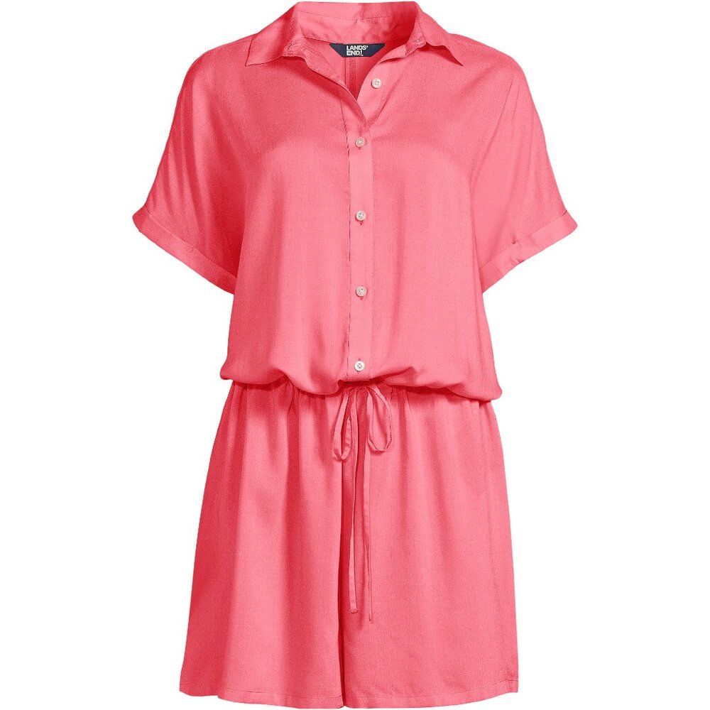 Lands' End Women's 1X, M-L LONG Button Front Swim‎ Cover-up Romper Wood Lily